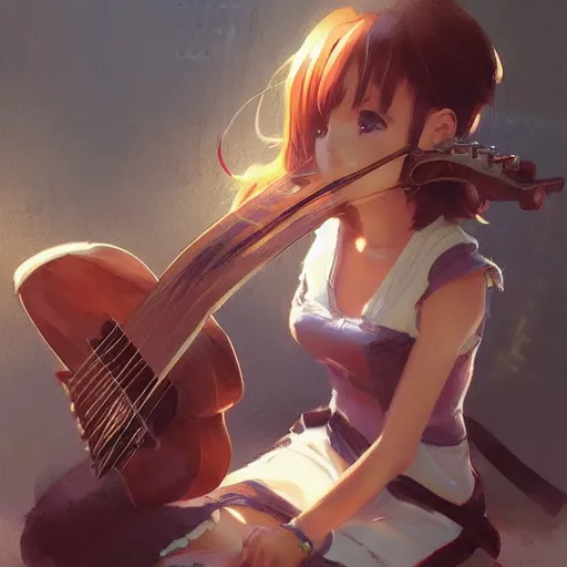 Image similar to anime girl Playing the 🎸 instrument , digital Art, Greg rutkowski, Trending cinematographic artstation
