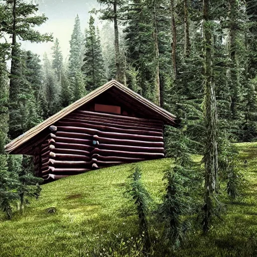 Image similar to log cabin in the forest, mountain behind log cabin, realistic