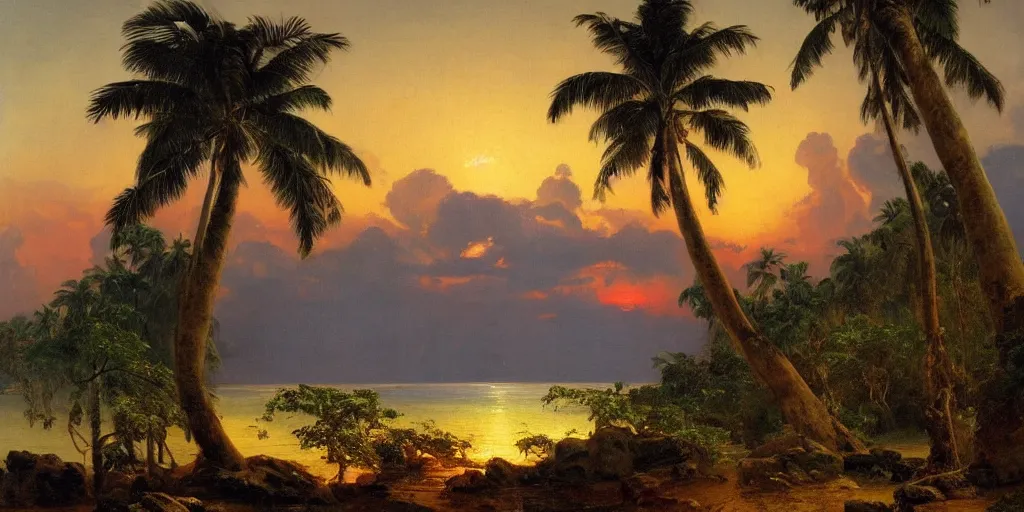 Prompt: a beautiful landscape painting of a tropical island with waterfall and palm trees, dramatic sunset, by frederic edwin church, oil on canvas, highly detailed, hd, 4 k