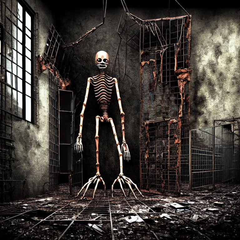 Prompt: Creepy huge suffering humanoid with long limbs sits on the floor and looks at the little old TV. An underground very dark gloomy multi-layered structure of rusty thick iron grates, dense chain-link fencing and peeling walls. Inside view, collapsed floors, bent rusted iron, masterpiece, black background, corners, cinematic, hyperdetailed, photorealistic, hyperrealism, octane render, 8k, depth of field, bokeh, architecture, shadows