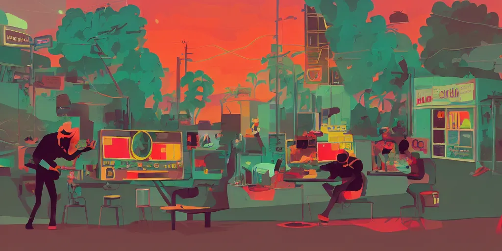 Prompt: black! chicken! smoking cannabis!!!, in front of multi monitors broadcasting studio, artwork by James Gilleard