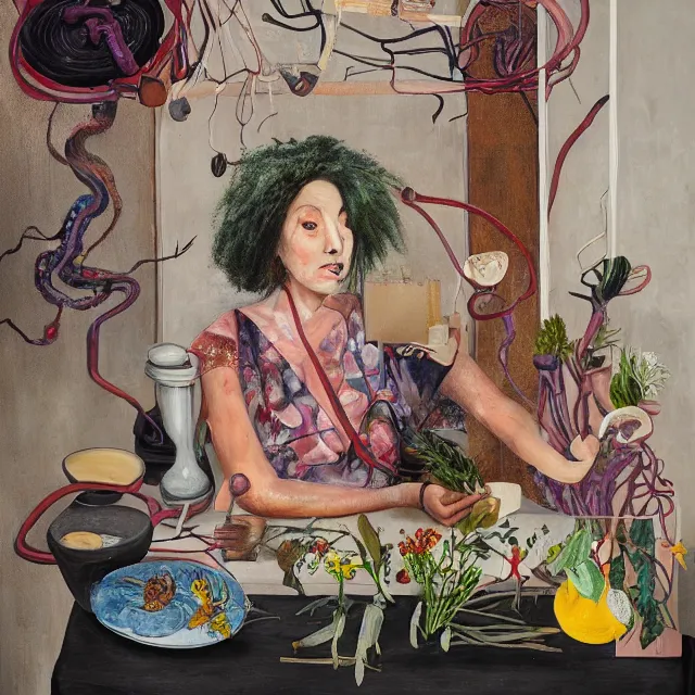 Prompt: a portrait in a female artist's kitchen, queer woman holding her brain, herbs, pottery, australian wildflowers as ikebana, a glowing brain with electrical wires, smokey burnt love letters, candles, feminine, organic, octopus, squashed berries, pancakes, black underwear, neo - expressionism, surrealism, acrylic and spray paint and oilstick on canvas