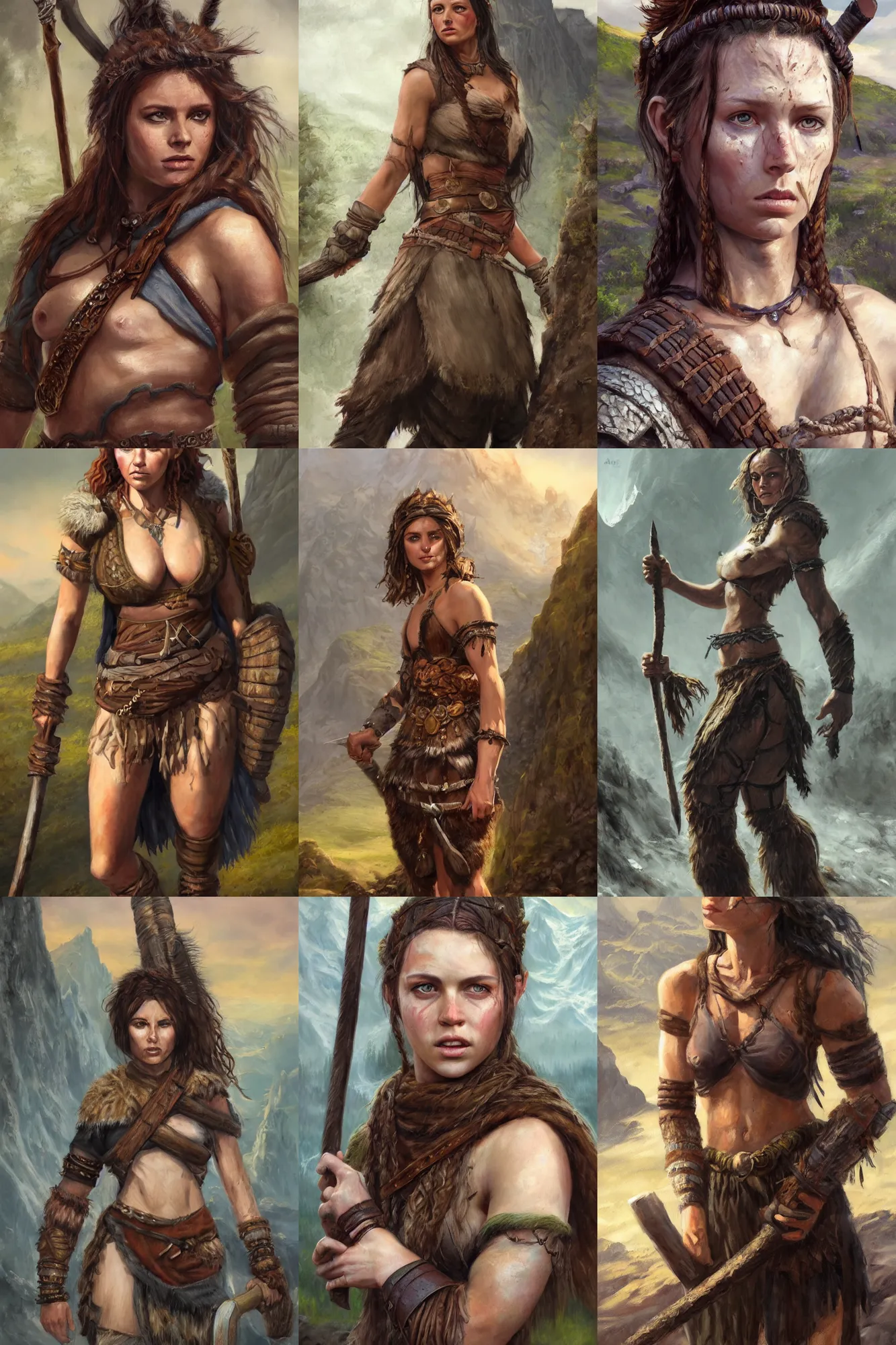 Image similar to a full body high detail fantasy portrait oil painting illustration of a beautiful young rugged stoic barbarian woman by justin sweet with face and body clearly visible, in a scenic background, pupils visible, realistic proportions, d & d, rpg, forgotten realms, artstation trending, high quality, sombre mood, artstation trending, muted colours, entire person visible!