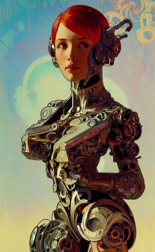 Image similar to cyborg, intricate, beautiful, highly detailed, elegant, artstation, concept art, smooth and sharp focus, rpg artwork, illustration, painting by ilya kuvshinov, alphonse mucha, gaston bussiere, art adams, craig mullins, j. c. leyendecker, rene maritte, tian zi, wlop, alsphonse mucha, artgerm