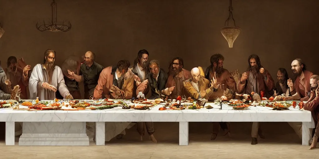 Image similar to !13 hungry cannibals making a rich salad around a marble table, !positioned as last supper cinematic lighting, dramatic framing, highly detalied, 4k, artstation, by Rene Lalique and Wayne Barlowe