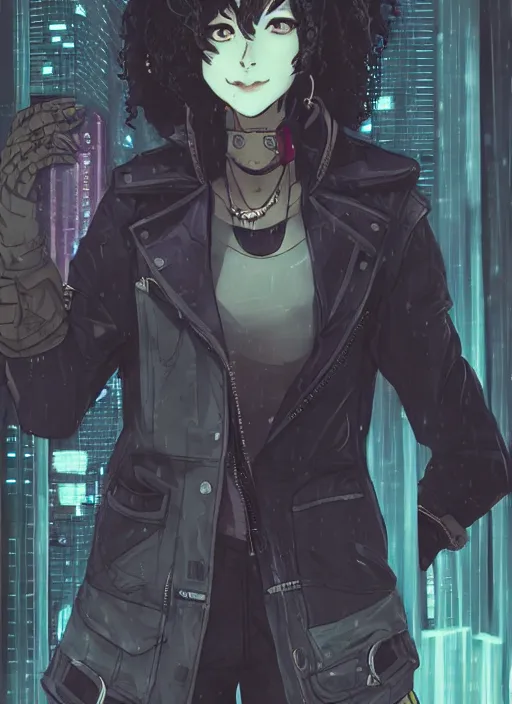 Image similar to character portrait of a female anthro hyena fursona with a cute beautiful attractive furry face and long black curly hair wearing stylish clothes in a cyberpunk city at night while it rains. hidari, color page, tankoban, 4K, tone mapping, Akihiko Yoshida.