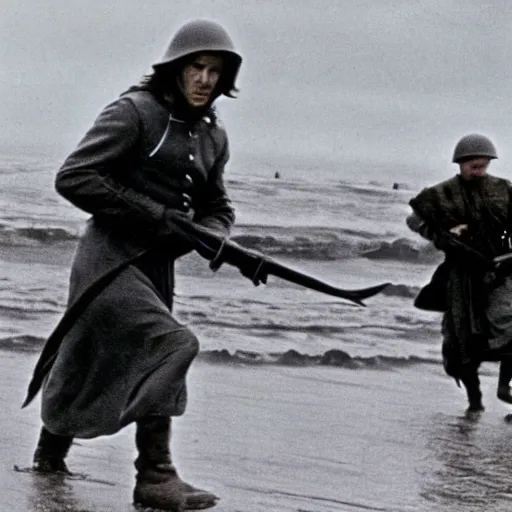 Prompt: film still of Gandalf storming Normandy beach, still from Saving Private Ryan