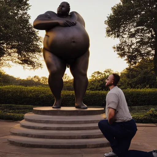 Prompt: People kneeling before a statue of the world's fattest man in a park, evening lit, photorealistic