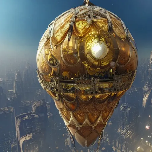 Image similar to enormous flying city in a faberge egg, sky, steampunk, fantasy art, masterpiece, unreal engine