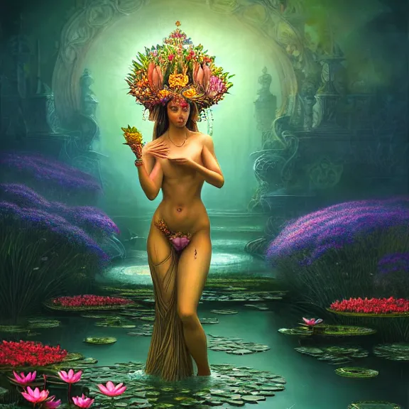 Image similar to Beautiful 3d render of the flower queen goddess in a sensual pose near a pond full of lotus, atmospheric lighting, painted, intricate, volumetric lighting, beautiful, rich deep colours masterpiece, sharp focus, ultra detailed, in the style of Dan Mumford and marc simonetti, with a crowded futuristic cyberpunk city in the background, astrophotography