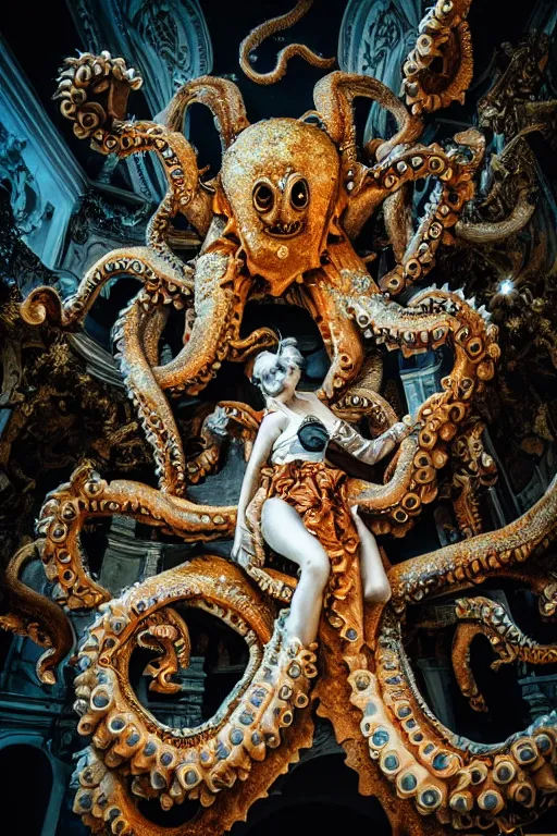 Image similar to a spectacular wideangle shot of a giant scary rococo octopus queen, award winning photography