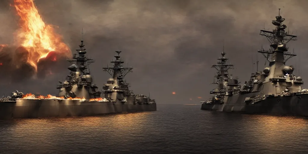 Prompt: a naval battle far away with battleships and submarines in the night with fire, high detail, high definition, photorealistic, 8k,
