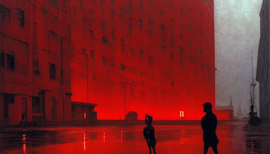 Image similar to only with red, soviet communism city cold atmosphere and with soviet flag, in the style of beksinski, by edward hopper and rodcenko and yue minjun and cory loftis, intricate and epic composition, red by caravaggio, highly detailed, masterpiece, red light, artstation, art nouveau