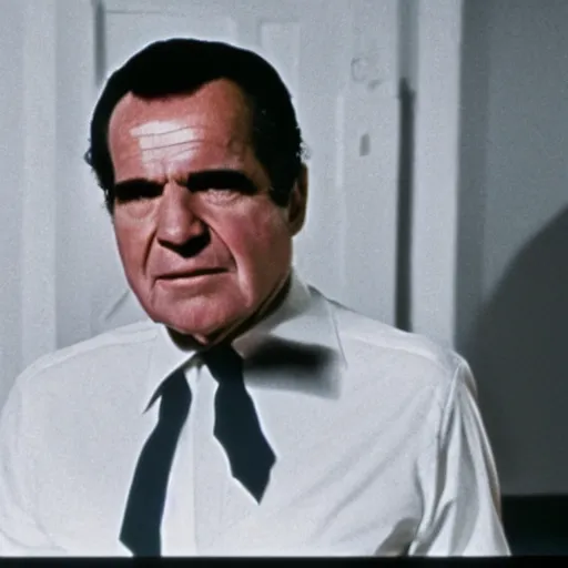 Prompt: a 1 9 7 0 s movie still of richard nixon trapped in a featureless white void room