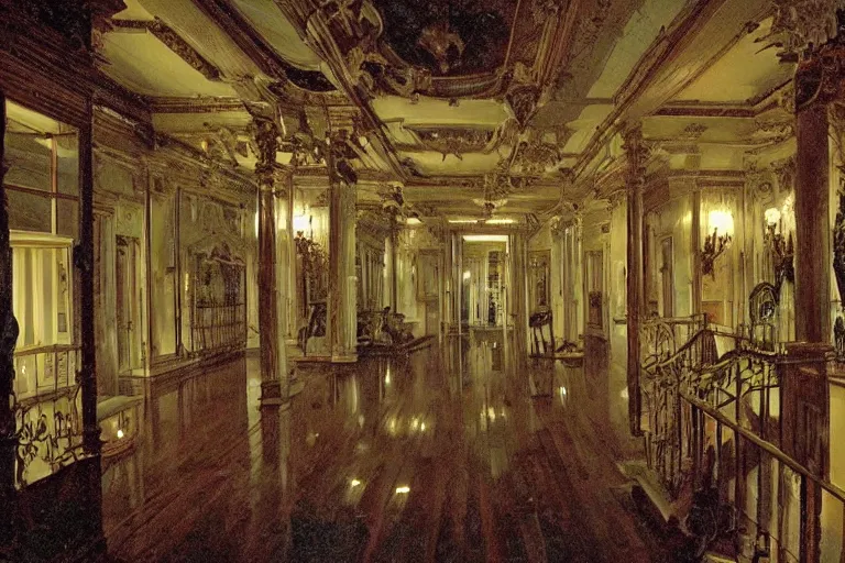 Prompt: full - color digital photo of the interior of a spooky elegant mansion at night. the interior architecture and layout are narrow, labyrinthine, illogical, surreal, bizarre, and complicated. there is a faintly - visible victorian ghost lurking. highly - detailed high - resolution photography.