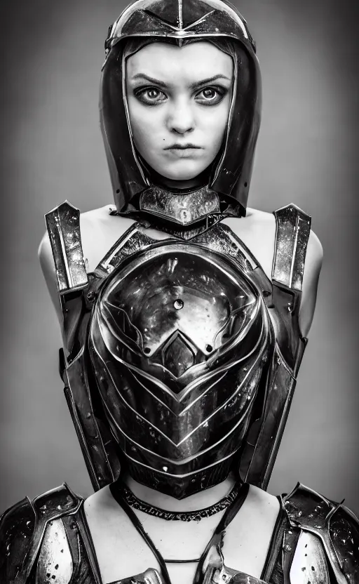 Image similar to symmetrical portrait photograph of a beautiful young woman wearing black armor, angry eyes, no helmet, cinematic, 200mm prime lens