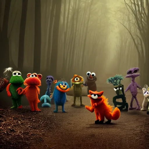 Prompt: a fox muppet wearing a hooded cloak herding a bunch of random muppet animals following behind through a dark forest, sesame street, photograph, photography, ultrarealistic, national geographic