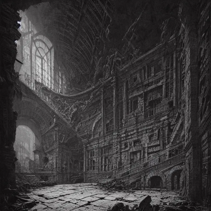 Image similar to piranesi's chamber, horror, dark, by piranesi and greg rutkowski, by zdzisław beksinski, hyper detailed, hd, 8 k