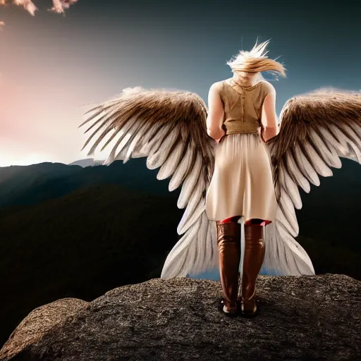 Prompt: very pretty blond female angel with large wings landing on a mountain top, shallow depth of field, moody lighting, 8 k, concept art, wide angle,