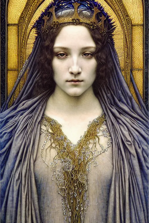 Image similar to detailed realistic beautiful young medieval queen face portrait by jean delville, gustave dore and marco mazzoni, art nouveau, symbolist, visionary, gothic, pre - raphaelite. horizontal symmetry