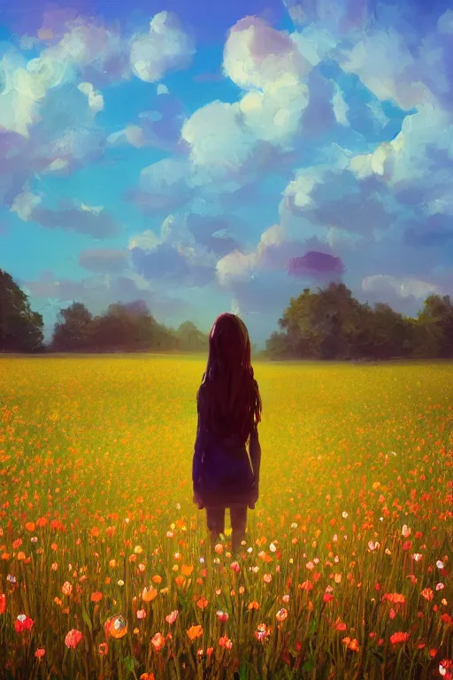 Prompt: closeup, young couple, girl standing in a field of flowers, surreal photography, sunrise, blue sky, dramatic light, impressionist painting, digital painting, artstation, simon stalenhag