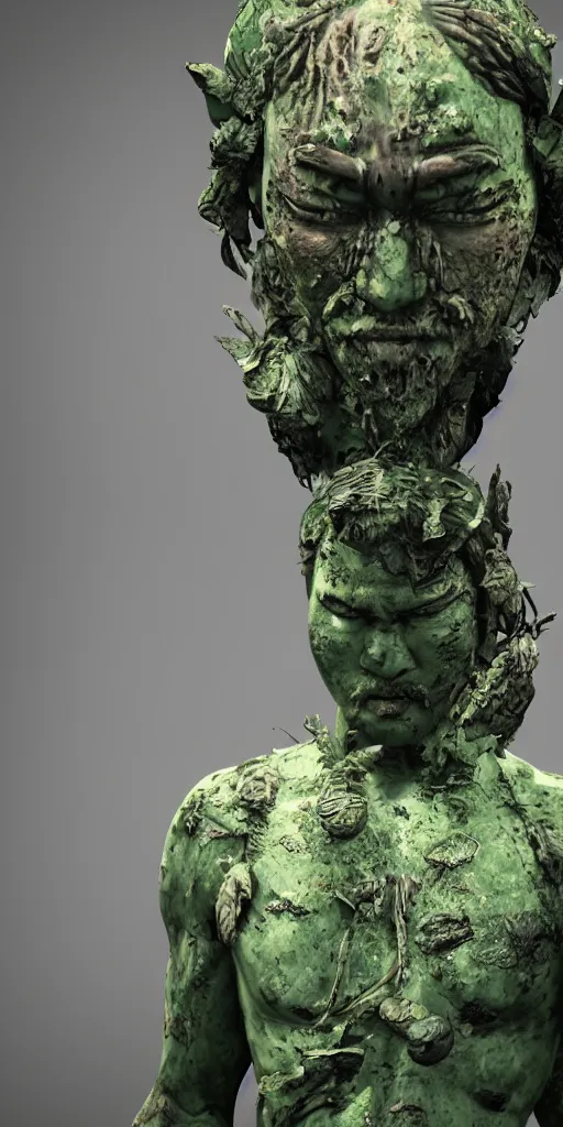 Prompt: a broken statue of a samurai standing in a highly detailed over dimensional green leaves that are not from this world decaying with black vaines, dark fantasy, photorealism, unreal engine, purple hue