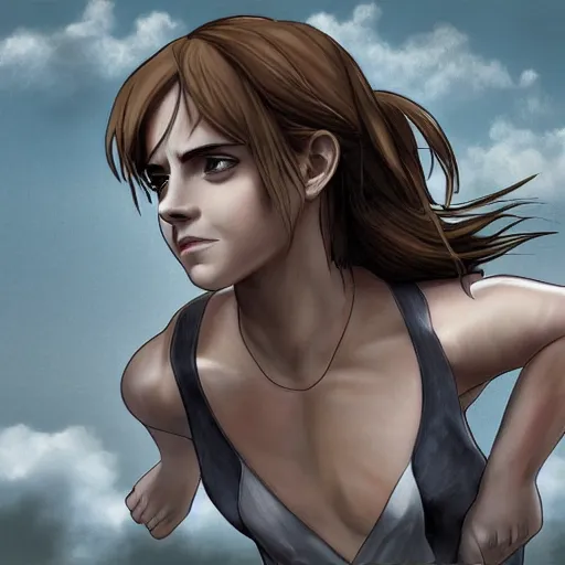 Image similar to emma watson a crawling mountain of muscles, highly detailed, anime, pale colors, award winning pictures, by studio mappa, by studio wit