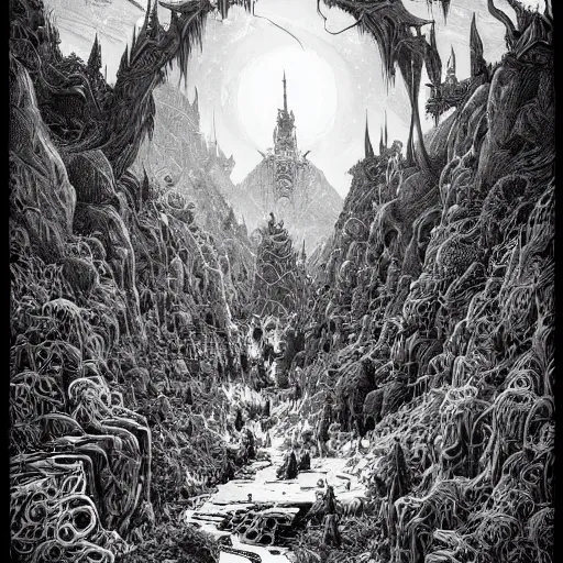 Image similar to impressive fantasy landscape, beautiful line art, pure b & w, etching illustration, square sticker, by joe fenton and greg rutkowski