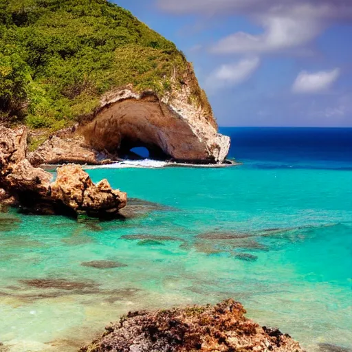 Prompt: photo of a jamaican shoreline cliff with a cave and a spanish galleon in the foreground