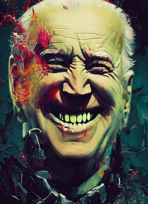 Prompt: crazy mad Joe Biden grinning demonic sadistic smile all powerful emperor of the world, high contrast, cosmic horror, abstract, masterpiece, trending on ArtStation, by Greg Rutkovski and by Craig Mullins and by David Cronenberg and by Ismail Inceoglu