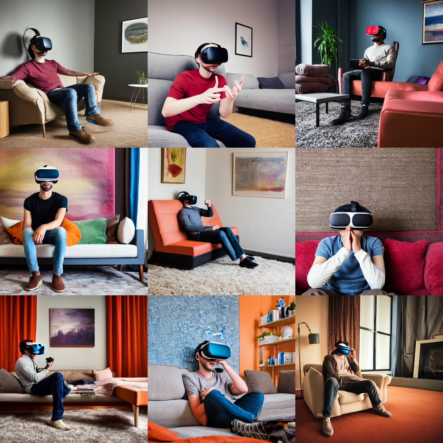 Prompt: Young man sitting on a soft couch and wearing a VR headset in a cozy room full of carpets and beautiful art, photograph, highly detailed, warm colors