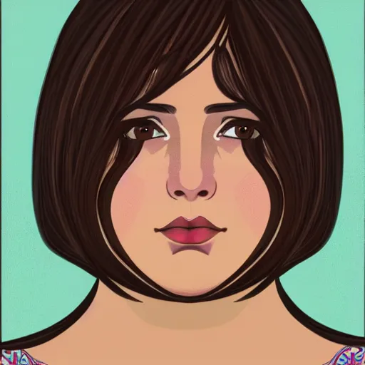 Image similar to chubby brunette woman with straight hair in a short bob, round face, romanian heritage, brown eyes, no bangs, digital art, cartoon, 8k, illustration, art nouveau, Alphonse Mucha, trending on artstation, medium shot, head shot