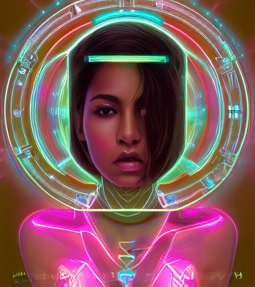 Image similar to symmetry!! latina princess of technology, solid cube of light, hard edges, product render retro - futuristic poster scifi, lasers and neon circuits, beautiful brown skin woman latina princess, intricate, elegant, highly detailed, digital painting, artstation, concept art, smooth, sharp focus, illustration, dreamlike, art by artgerm