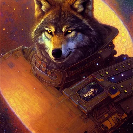 Image similar to portrait of a wolf in uniform starship stars. shadowrun furaffiniy cyberpunk fantasy highly detailed painting by gaston bussiere craig mullins jc leyendecker gustav klimt artgerm greg rutkowski john berkey, bergey, craig mullins, ruan jia, raymond swanland, jeremy mann, tom lovell, alex malveda