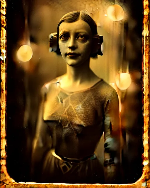 Prompt: tintype dreamy young beautiful female artificial intelligence, metropolis, cinematic, rim light, bokeh, photo - realistic, elegant, high detail, 8 k, masterpiece, photo taken in 1 9 3 0