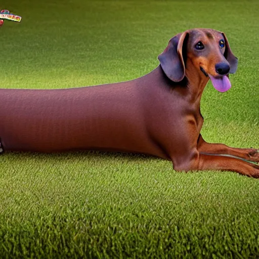 Prompt: realistic photo of a 10 foot long dachshund dog