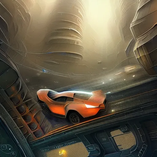 Image similar to A photo of car in the form of a space horse, street on the space city, Norilsk, sci-fi, fantasy, intricate, very very beautiful, by Evgeny Zubvkov, elegant, highly detailed, digital painting, artstation, concept art, smooth, sharp focus, illustration, art by artgerm and greg rutkowski and alphonse mucha