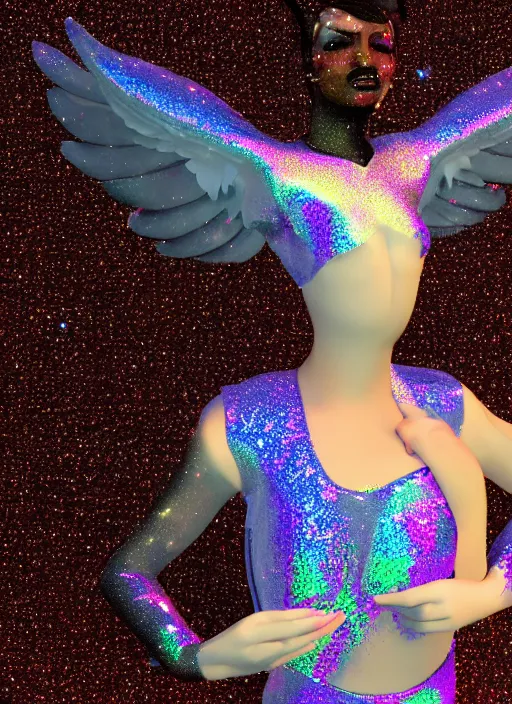 Image similar to 3 d render of a jester angel covered in glitter glue in a holographic leotard