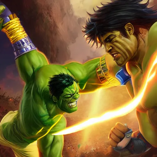 Prompt: epic anime battle between the king tut and the incredible hulk, digital art, game art, character design, trending on artstation, ultra realistic, ultra detailed