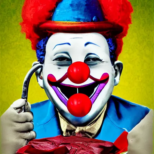 Prompt: the funniest clown that ever joked, surrealist explosion art, digital restoration, mild corruption