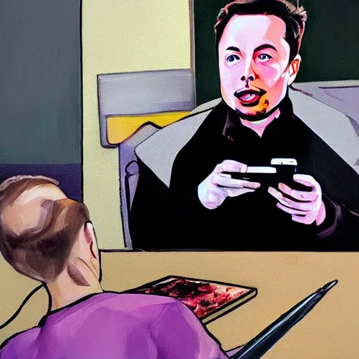 Image similar to a beautiful complex painting of elon musk sitting down and using his phone the back home is a window of the outside