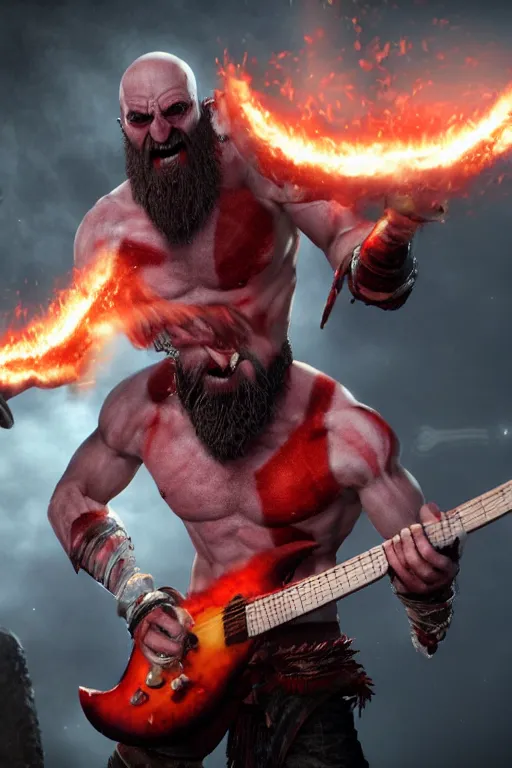 Image similar to screaming kratos rocking out on a flaming stratocaster guitar, cinematic render, god of war 2 0 1 8, playstation studios official media, lightning, flames, left eye stripe, left eye stripe, left eye stripe, left eye stripe, clear, coherent