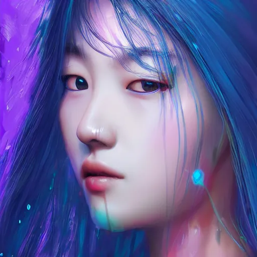 Image similar to a digital painting of jang yoon - ju in the rain with blue hair, cute - fine - face, pretty face, cyberpunk art by sim sa - jeong, cgsociety, synchromism, detailed painting, glowing neon, digital illustration, perfect face, extremely fine details, realistic shaded lighting, dynamic colorful background