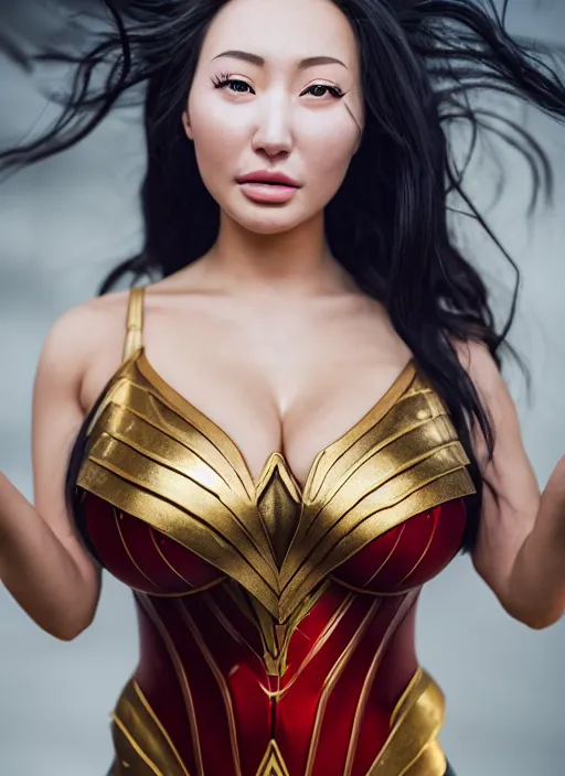 Image similar to portrait of a korean woman that looks like lindsey pelas on the set of wonder woman, by charlotte grimm, natural light, detailed face, canon eos c 3 0 0, ƒ 1. 8, 3 5 mm, 8 k, medium - format print, half body shot