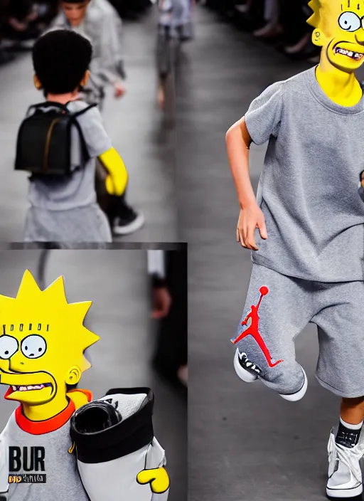 Image similar to hyperrealistic and heavy detailed air jordan runway show of bart simpson, leica sl 2 5 0 mm, vivid color, high quality, high textured, real life