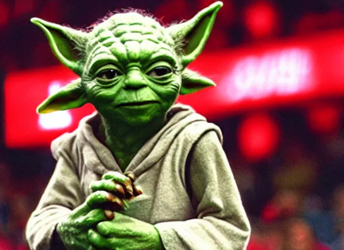 Prompt: ESPN still of Yoda playing in the nba playoffs live on espn, 4k