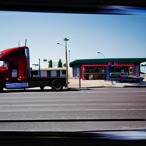 Prompt: a drive through truck stop, photography, street view,