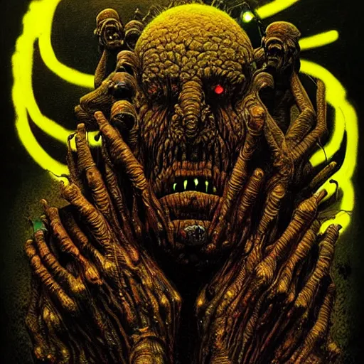 Image similar to mutated giant techno troll, by beksinski and tristan eaton, black and yellow, dark neon trimmed beautiful dystopian digital art