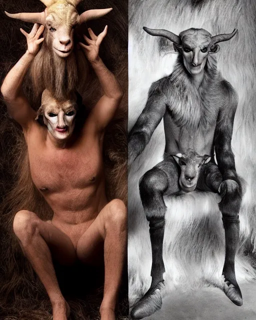 Image similar to Donald Trump in Elaborate Pan Satyr Goat Man Makeup and prosthetics designed by Rick Baker, Hyperreal, Head Shots Photographed in the Style of Annie Leibovitz, Studio Lighting