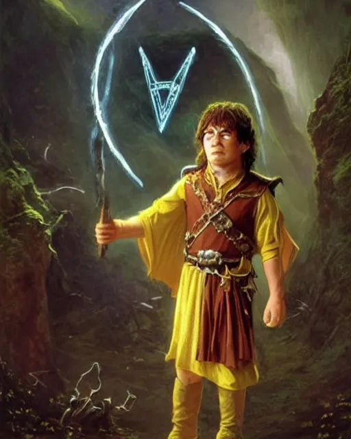 Image similar to A halfling wild magic sorcerer. He is wearing a cloak with glowing runes on it and a crown. He is frowning seriously. He is preparing to cast a spell to banish the old gods. He is standing in spell circle. Award winning realistic oil painting by Thomas Cole and Wayne Barlowe